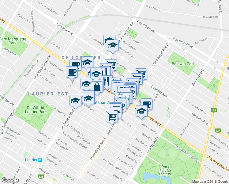 map of restaurants, bars, coffee shops, grocery stores, and more near 4665 Avenue Papineau in Montréal