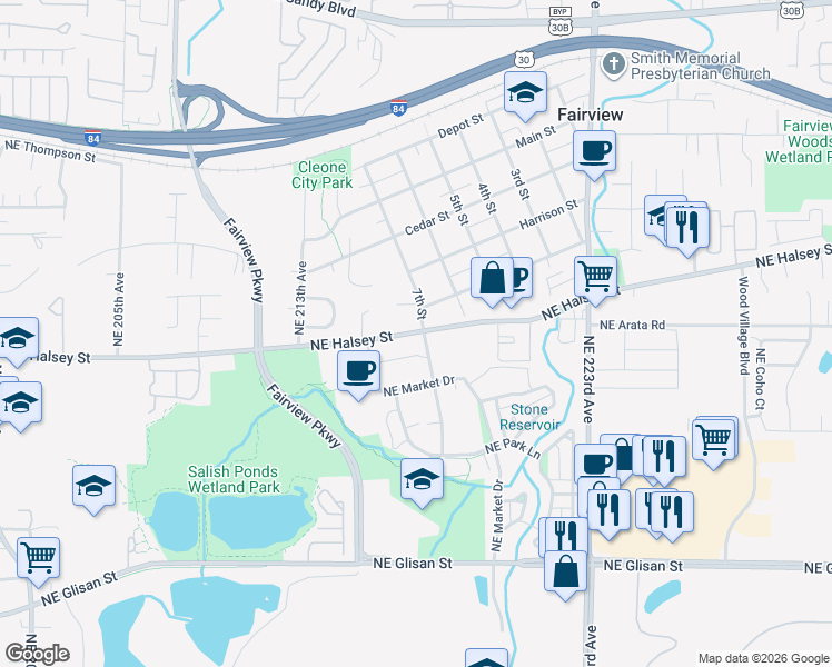 map of restaurants, bars, coffee shops, grocery stores, and more near 21600 Northeast Halsey Street in Fairview