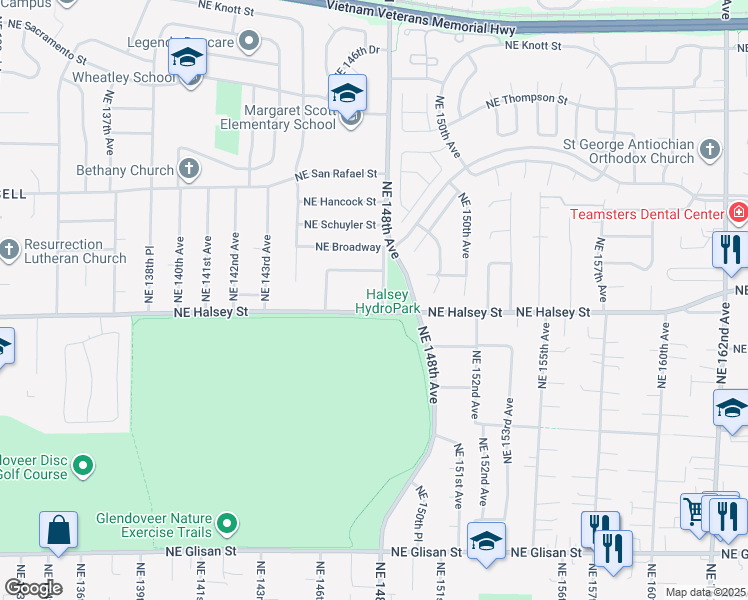 map of restaurants, bars, coffee shops, grocery stores, and more near 14741 Northeast Halsey Street in Portland