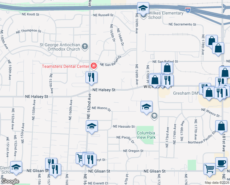 map of restaurants, bars, coffee shops, grocery stores, and more near 16548 Northeast Halsey Street in Portland
