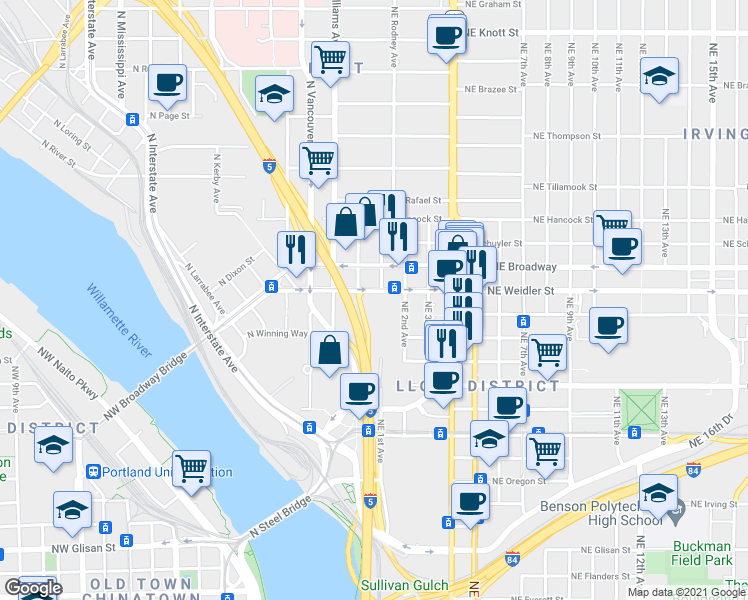 map of restaurants, bars, coffee shops, grocery stores, and more near 84 Northeast Weidler Street in Portland