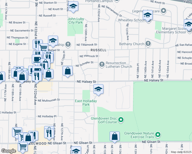 map of restaurants, bars, coffee shops, grocery stores, and more near 1529 Northeast 132nd Avenue in Portland