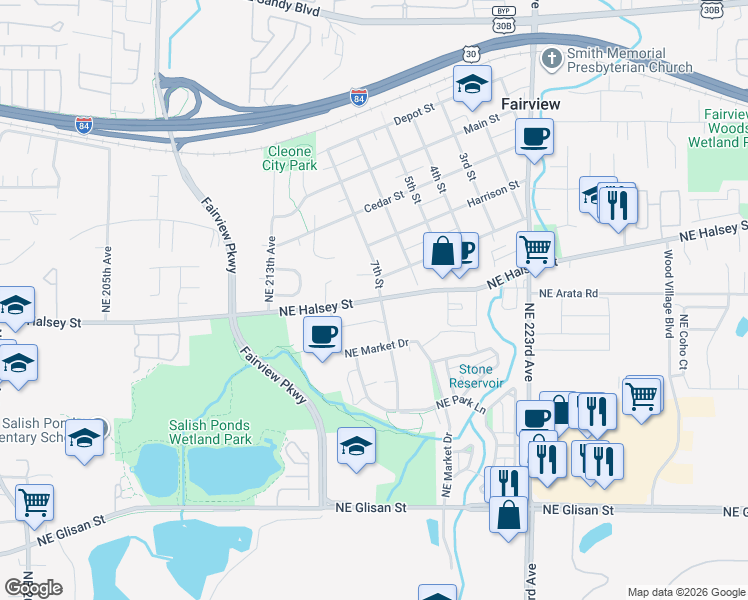 map of restaurants, bars, coffee shops, grocery stores, and more near 21600 Northeast Halsey Street in Fairview