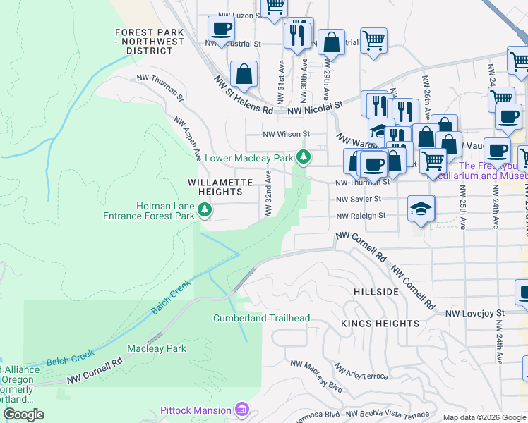 map of restaurants, bars, coffee shops, grocery stores, and more near 1611 Northwest 32nd Avenue in Portland
