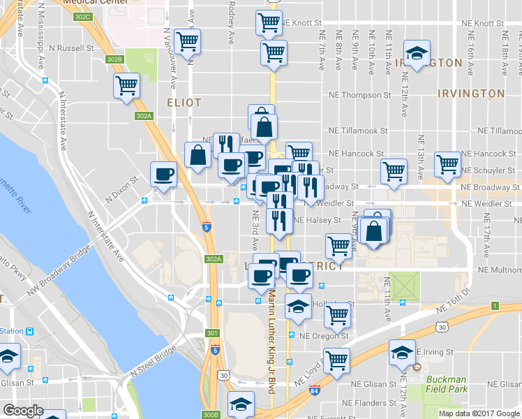map of restaurants, bars, coffee shops, grocery stores, and more near 310 Northeast Weidler Street in Portland