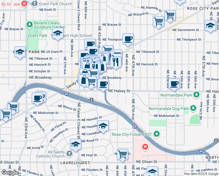 map of restaurants, bars, coffee shops, grocery stores, and more near 4325 Northeast Halsey Street in Portland