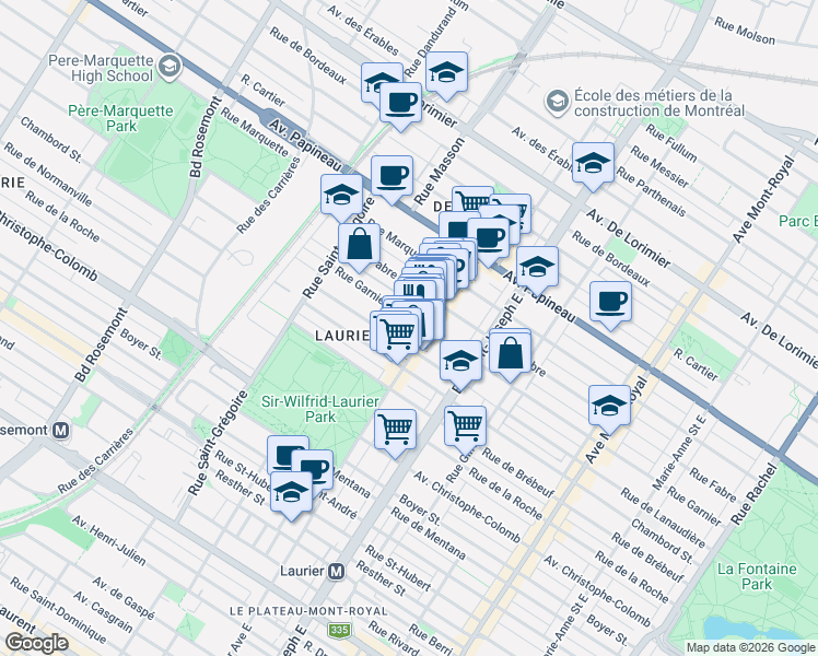 map of restaurants, bars, coffee shops, grocery stores, and more near 5126 Rue Garnier in Montréal