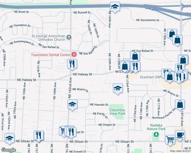 map of restaurants, bars, coffee shops, grocery stores, and more near 16610 Northeast Halsey Street in Portland
