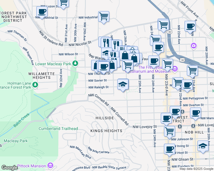 map of restaurants, bars, coffee shops, grocery stores, and more near 2735 Northwest Raleigh Street in Portland