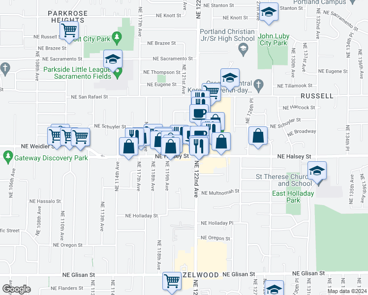 map of restaurants, bars, coffee shops, grocery stores, and more near 12151 Northeast Halsey Street in Portland