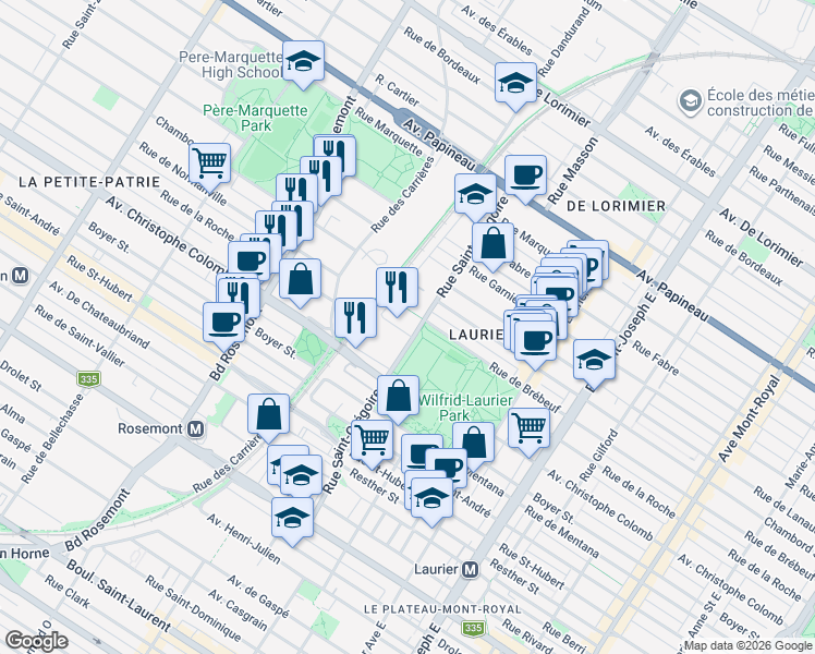 map of restaurants, bars, coffee shops, grocery stores, and more near 1205 Rue Saint-Gregoire in Montréal