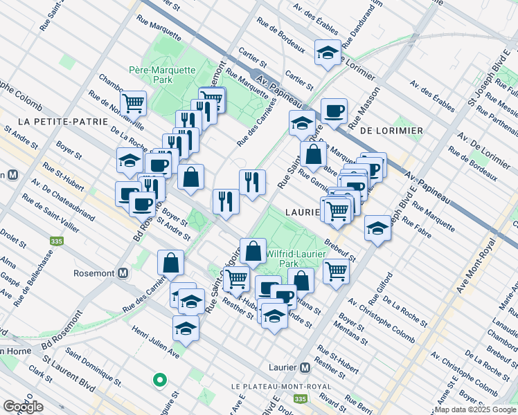 map of restaurants, bars, coffee shops, grocery stores, and more near 1205 Rue Saint-Grégoire in Montréal