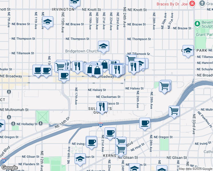 map of restaurants, bars, coffee shops, grocery stores, and more near 1532 Northeast 21st Avenue in Portland