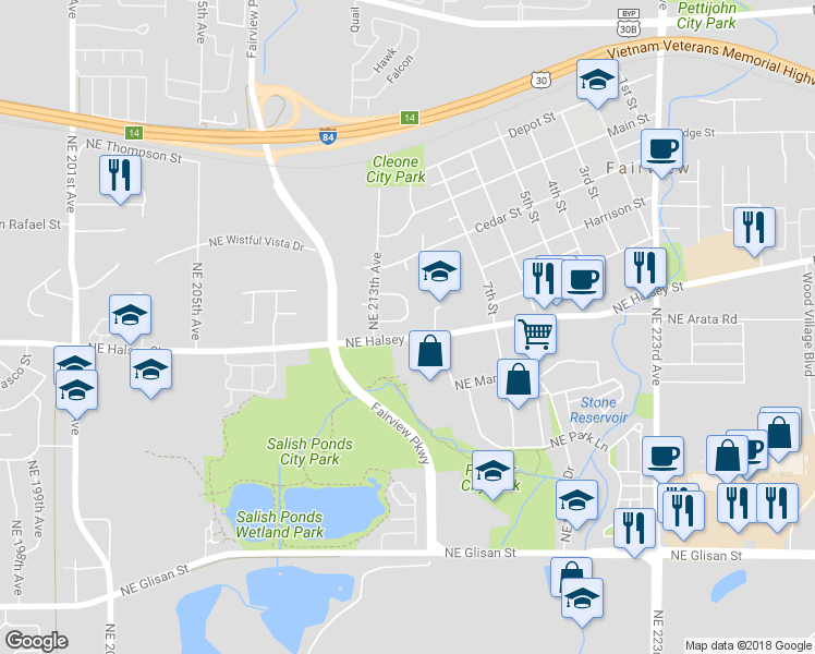 map of restaurants, bars, coffee shops, grocery stores, and more near 21318 Northeast Weidler Circle in Fairview