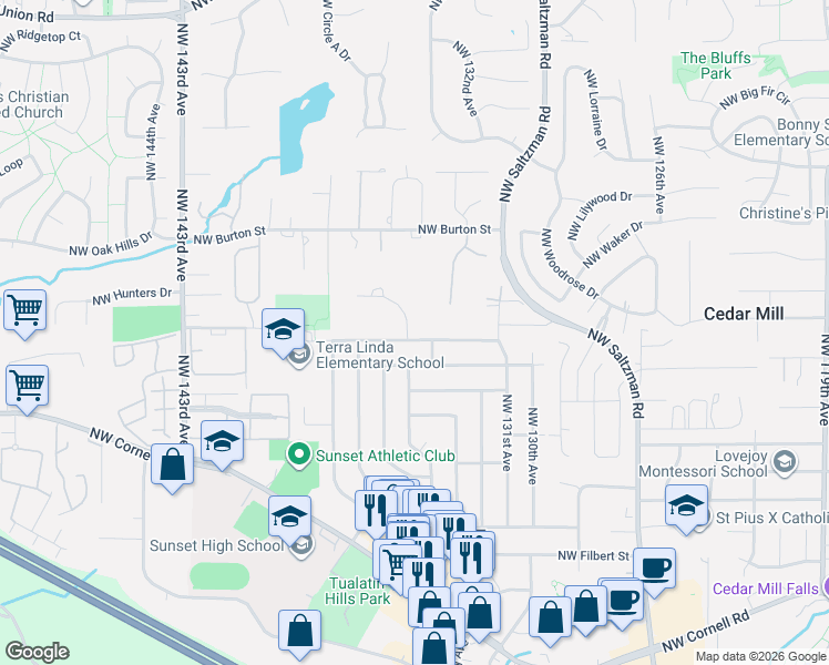 map of restaurants, bars, coffee shops, grocery stores, and more near 13465 Northwest Pettygrove Street in Portland