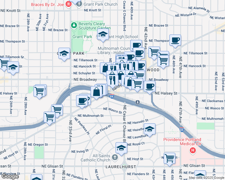 map of restaurants, bars, coffee shops, grocery stores, and more near 3718 Northeast Sandy Boulevard in Portland