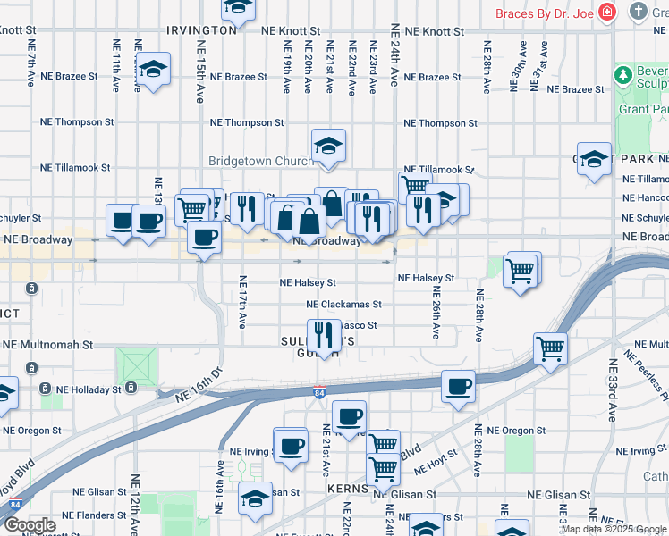 map of restaurants, bars, coffee shops, grocery stores, and more near 1532 Northeast 21st Avenue in Portland