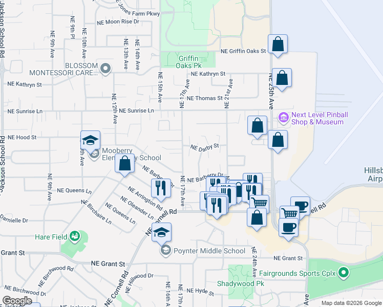 map of restaurants, bars, coffee shops, grocery stores, and more near 1740 Northeast Darby Street in Hillsboro