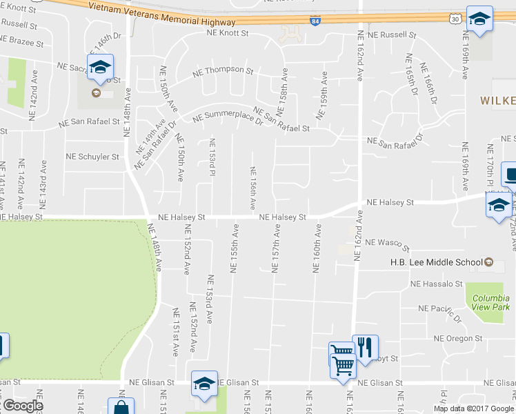 map of restaurants, bars, coffee shops, grocery stores, and more near 1526 Northeast 156th Avenue in Portland