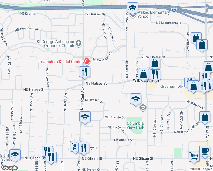 map of restaurants, bars, coffee shops, grocery stores, and more near 16548 Northeast Halsey Street in Portland