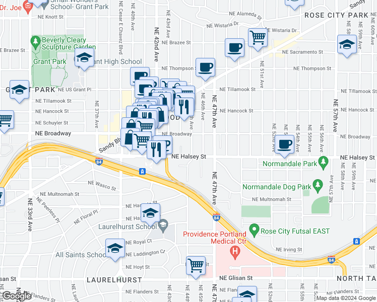 map of restaurants, bars, coffee shops, grocery stores, and more near 4353 Northeast Halsey Street in Portland