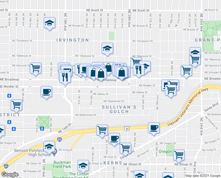 map of restaurants, bars, coffee shops, grocery stores, and more near 1532 Northeast 21st Avenue in Portland