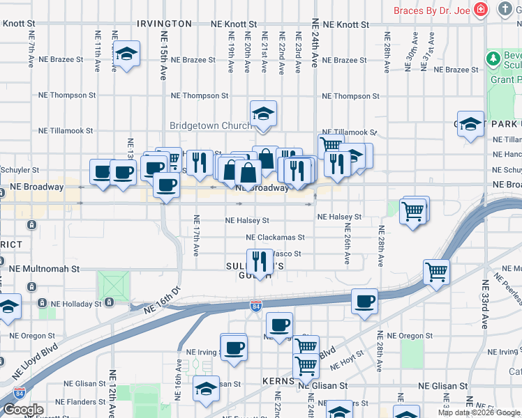 map of restaurants, bars, coffee shops, grocery stores, and more near 1532 Northeast 21st Avenue in Portland