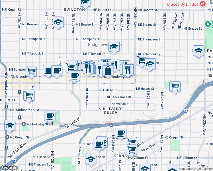 map of restaurants, bars, coffee shops, grocery stores, and more near 1936 Northeast Weidler Street in Portland