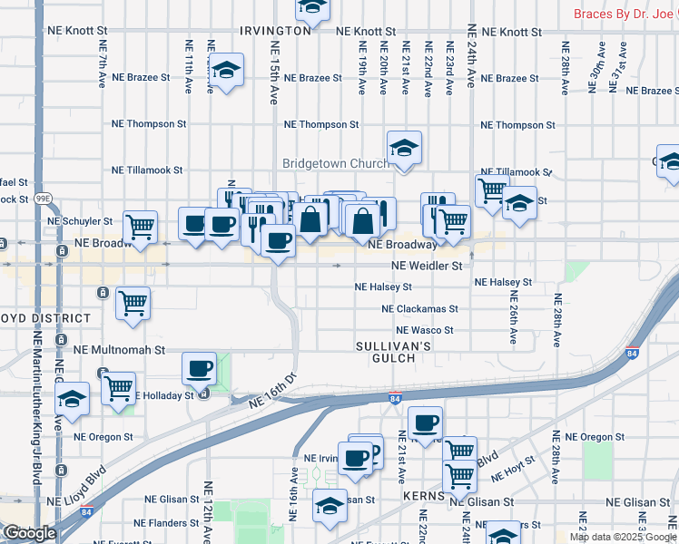 map of restaurants, bars, coffee shops, grocery stores, and more near 1804-1814 Northeast Weidler Street in Portland