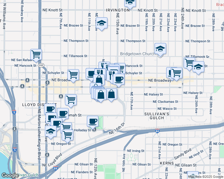 map of restaurants, bars, coffee shops, grocery stores, and more near in Portland