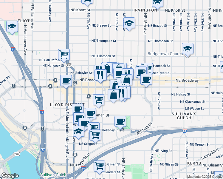 map of restaurants, bars, coffee shops, grocery stores, and more near 1010 Northeast Weidler Street in Portland