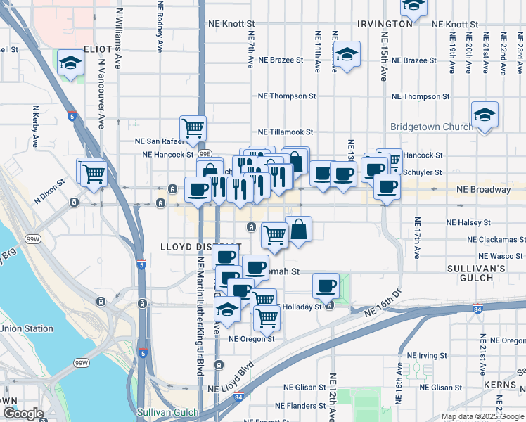 map of restaurants, bars, coffee shops, grocery stores, and more near in Portland