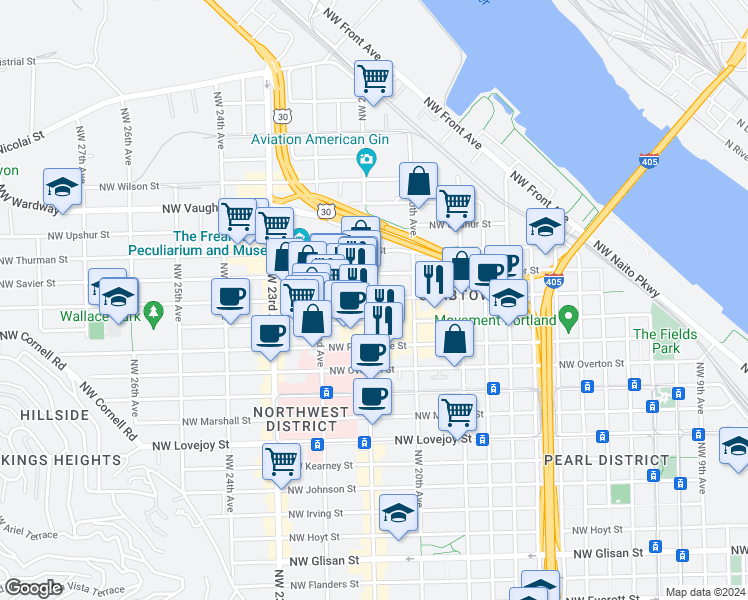map of restaurants, bars, coffee shops, grocery stores, and more near 2050 Northwest Raleigh Street in Portland