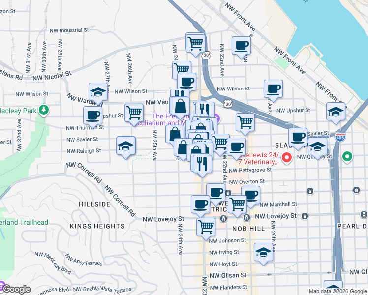 map of restaurants, bars, coffee shops, grocery stores, and more near 2356 Northwest Raleigh Street in Portland