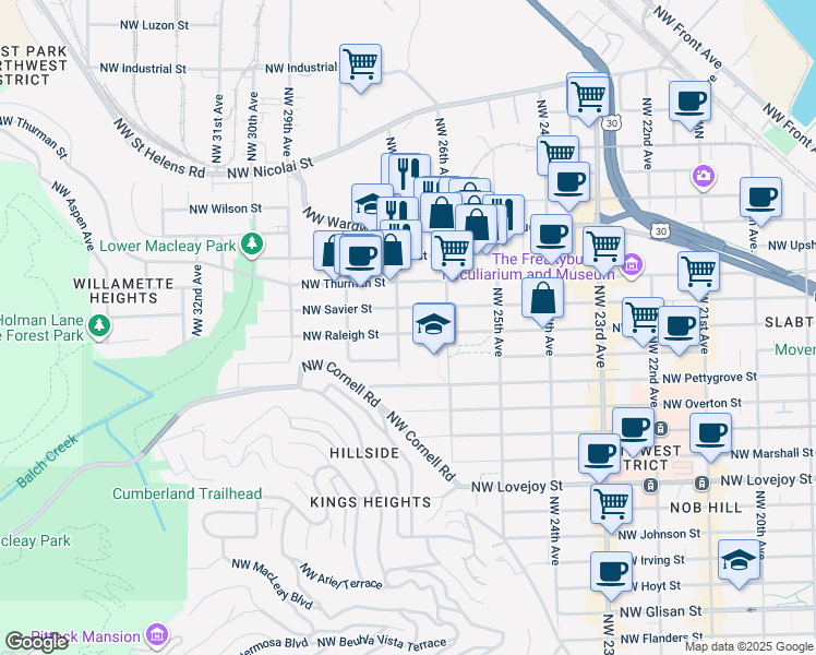 map of restaurants, bars, coffee shops, grocery stores, and more near 2657 Northwest Raleigh Street in Portland