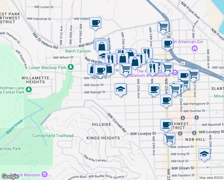 map of restaurants, bars, coffee shops, grocery stores, and more near 2657 Northwest Raleigh Street in Portland