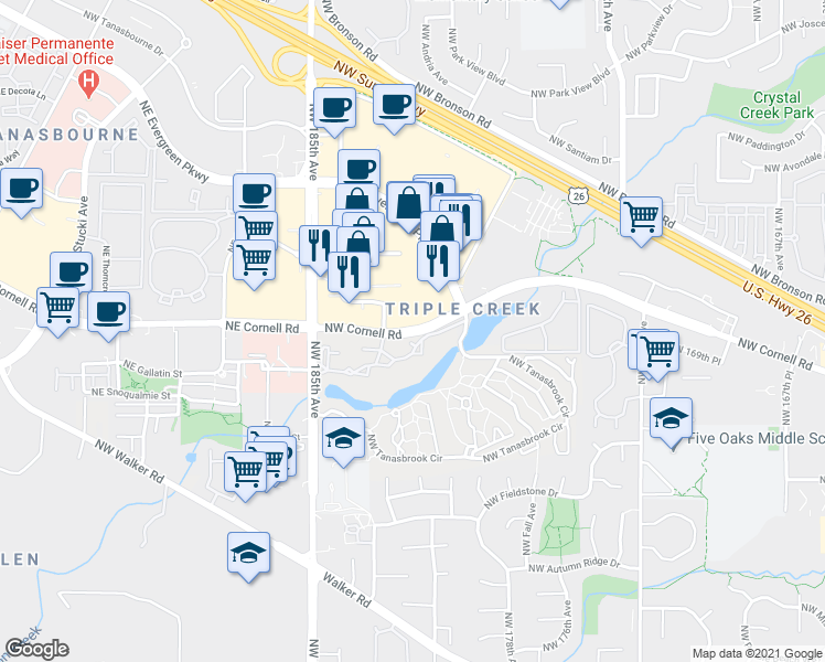 map of restaurants, bars, coffee shops, grocery stores, and more near 18200 Northwest Cornell Road in Beaverton