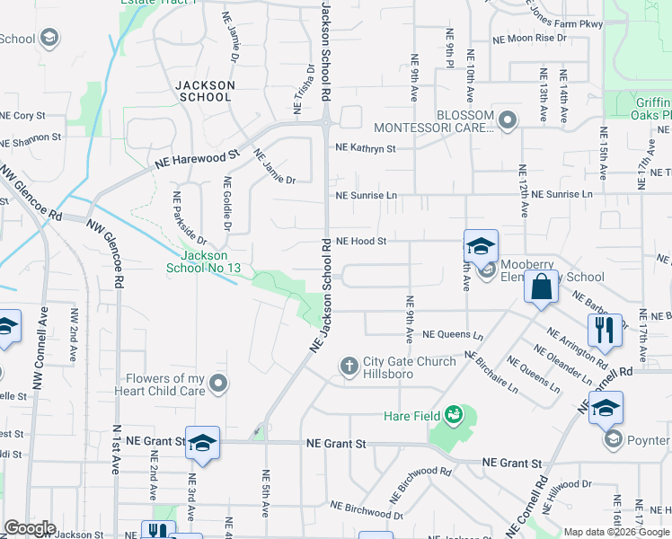 map of restaurants, bars, coffee shops, grocery stores, and more near 707 Northeast Baldwin Street in Hillsboro