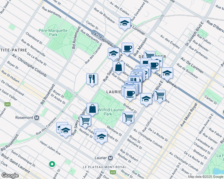 map of restaurants, bars, coffee shops, grocery stores, and more near 5292 Rue Chambord in Montréal