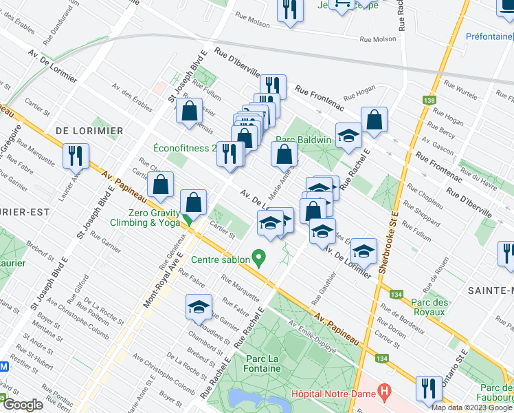 map of restaurants, bars, coffee shops, grocery stores, and more near 4368 Avenue de Lorimier in Montréal