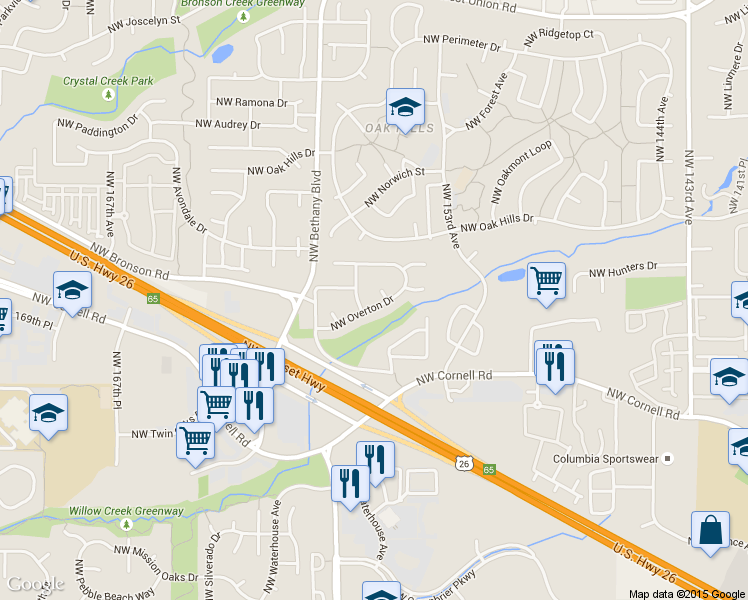 map of restaurants, bars, coffee shops, grocery stores, and more near 15581 Northwest Overton Drive in Beaverton
