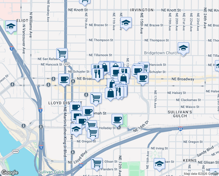 map of restaurants, bars, coffee shops, grocery stores, and more near 1010 Northeast Weidler Street in Portland