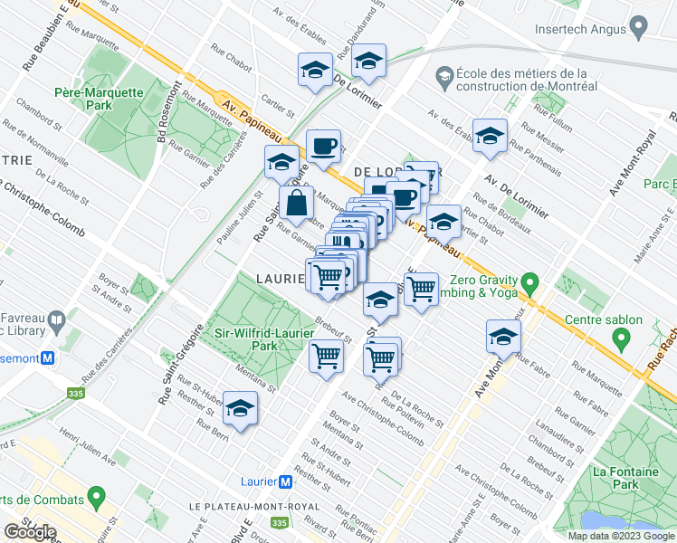 map of restaurants, bars, coffee shops, grocery stores, and more near 5126 Rue Garnier in Montréal