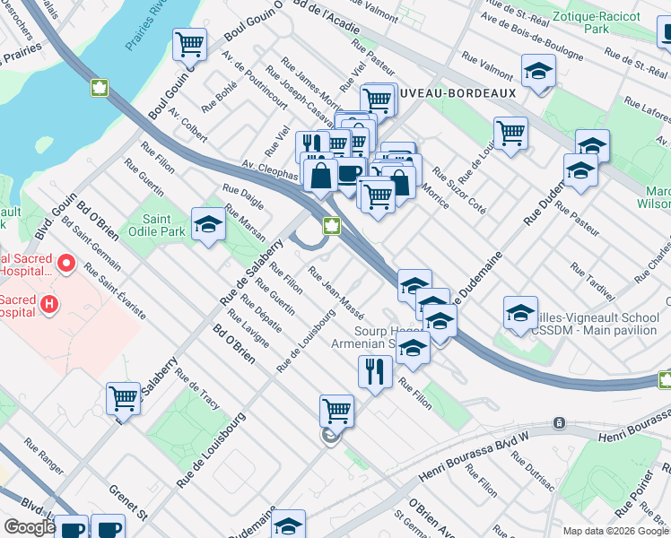 map of restaurants, bars, coffee shops, grocery stores, and more near 4035 Rue Plouffe in Montréal