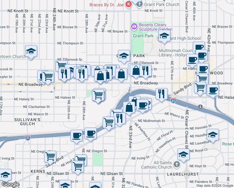 map of restaurants, bars, coffee shops, grocery stores, and more near 1580 Northeast 32nd Avenue in Portland