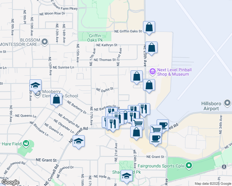 map of restaurants, bars, coffee shops, grocery stores, and more near 2060 Northeast Darby Street in Hillsboro