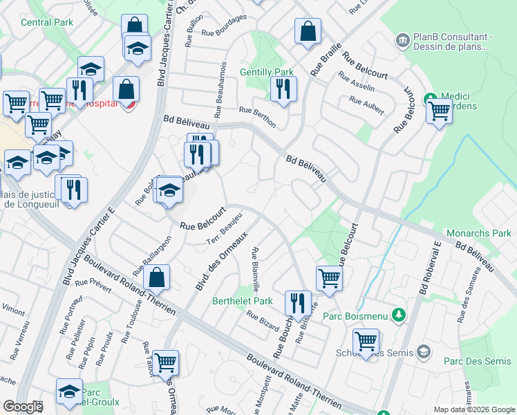 map of restaurants, bars, coffee shops, grocery stores, and more near 2845 Rue Belcourt in Longueuil