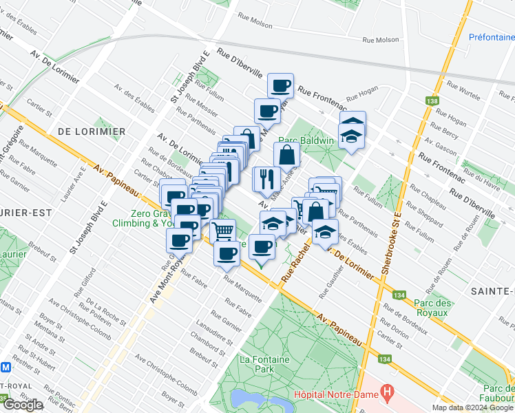 map of restaurants, bars, coffee shops, grocery stores, and more near 4380 Avenue De Lorimier in Montréal