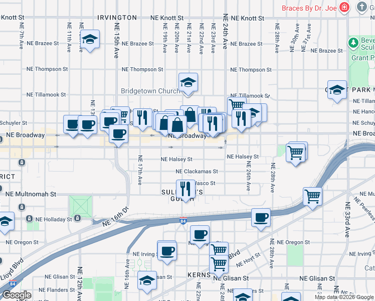 map of restaurants, bars, coffee shops, grocery stores, and more near 1532 Northeast 21st Avenue in Portland