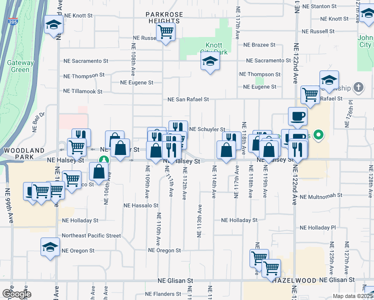 map of restaurants, bars, coffee shops, grocery stores, and more near 342 Northeast 112th Avenue in Portland